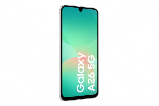 Witte Samsung Galaxy A26 5G smartphone, schuin van voren, met tekst op het scherm.