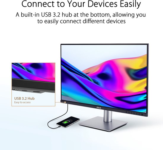 ASUS ProArt monitor met levendige, kleurrijke achtergrond. Een smartphone is aangesloten via USB 3.2 Hub aan de onderkant.