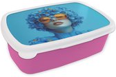 Broodtrommel Roze - Lunchbox Vrouw - Bloem - Blauw - Modern - Bril - Portret - Brooddoos 18x12x6 cm - Brood lunch box - Broodtrommels voor kinderen en volwassenen