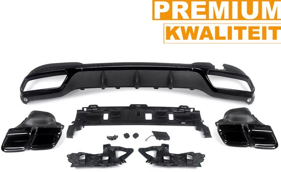 Zwarte achterbumper diffuser set, compleet met uitlaatpijpen en montageonderdelen, met vermelding van 'Premium Kwaliteit'.