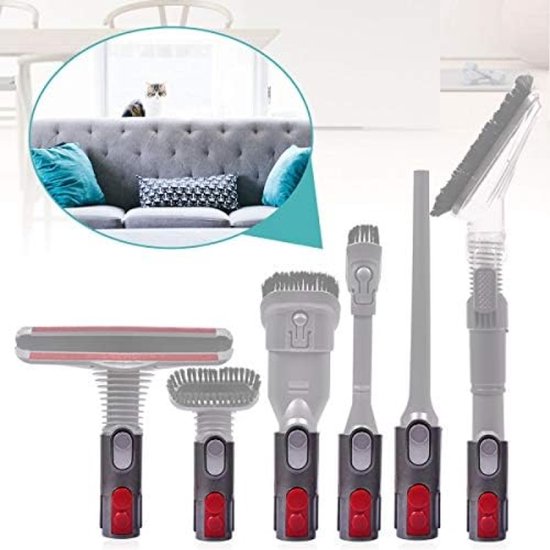 Set van zes grijze Dyson stofzuigeraccessoires, waaronder parketborstels en opzetstukken.