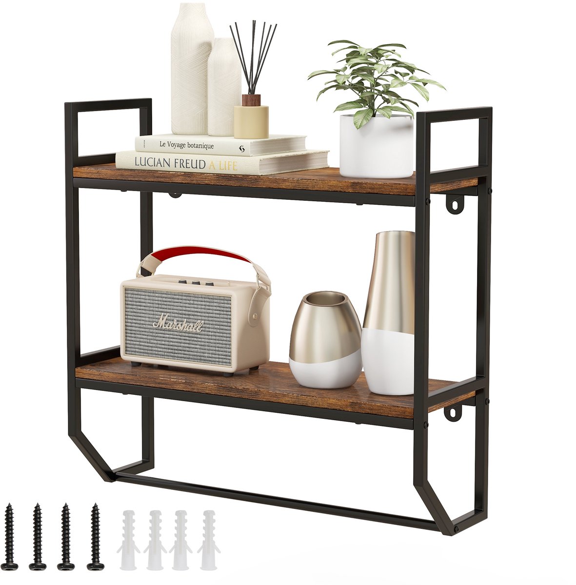 COSTWAY Wandrek, boekenkast, zwevend rek van hout met metalen frame, 2 niveaus, ideaal voor woonkamer, keuken en badkamer, industrieel