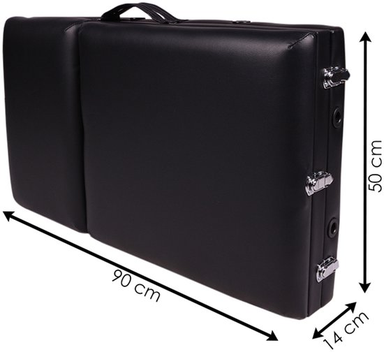 Gevouwen zwarte Alora massagetafel met afmetingen 90 x 50 x 14 cm, klaar voor transport.