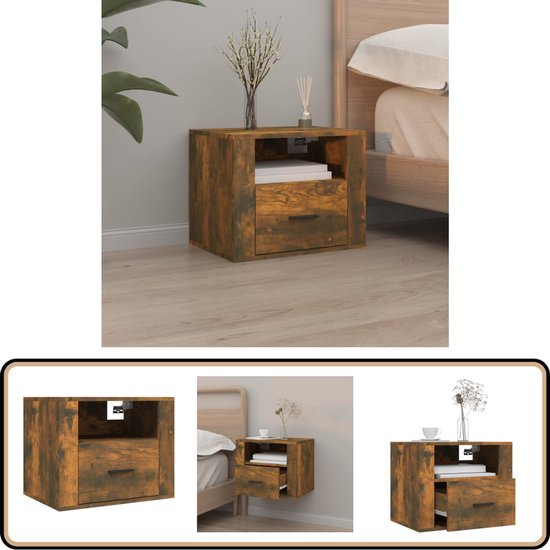 vidaXL Table de chevet - 50x36x40 cm - Table de chevet flottante en Chêne fumé - Fixation murale - Table de chevet marron - Table de chevet en bois - Table de chevet de salle de bain - Armoire au-dessus du lit - Espace de rangement