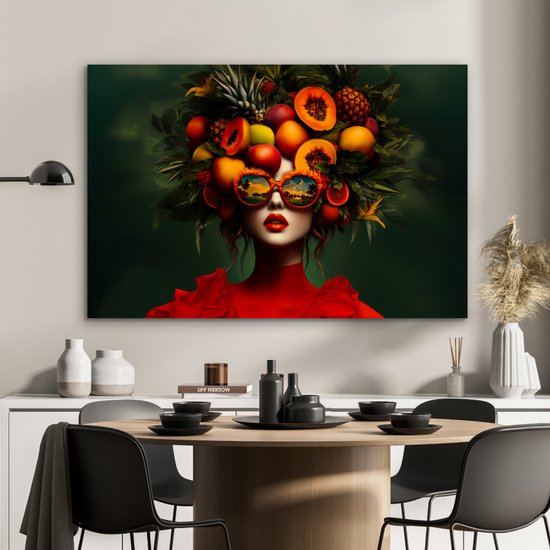 Aluminium schilderij 120x80 cm - Wanddecoratie metaal - Vrouw - Vruchten - Papaja - Ananas - Metalen muurdecoratie woonkamer - Decoratie industrieel - Foto op dibond - Industriële accessoires slaapkamer