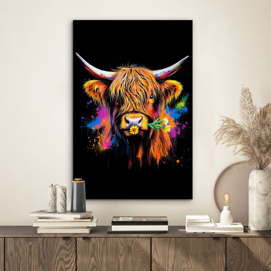 Aluminium schilderij 40x60 cm - Wanddecoratie metaal - Schotse Hooglander - Graffiti - Kleurrijk - Bloem - Dieren - Metalen muurdecoratie woonkamer - Decoratie industrieel - Foto op dibond - Industriële accessoires slaapkamer