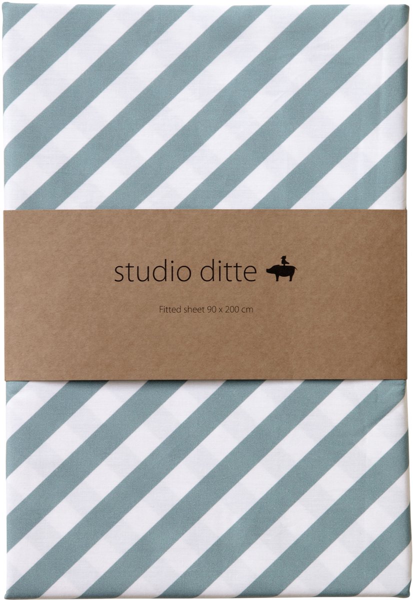 Studio Ditte Strepen Hoeslaken - 90 x 200 cm - Steenblauw