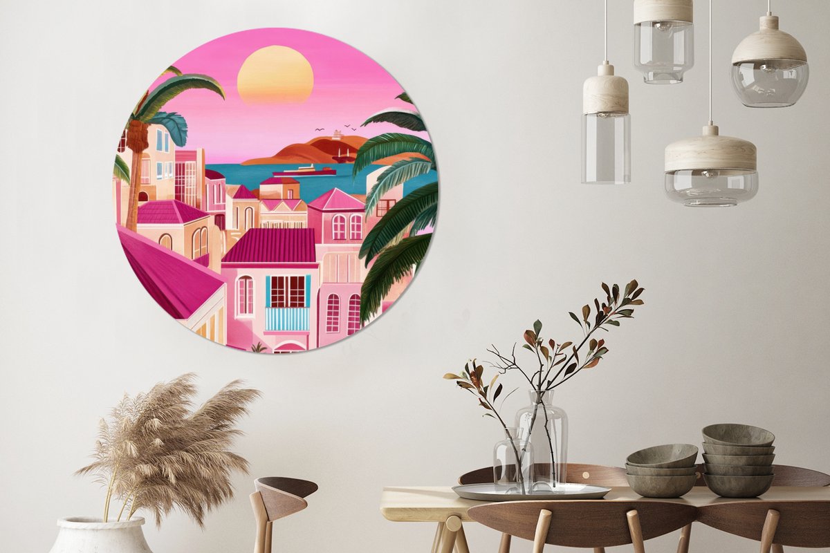 WallCircle Wandcirkel - Muurcirkel - Stad - Roze - Palmbomen - Aluminium - Dibond - 120x120 cm - Binnen en Buiten Stad - Zonsondergang
