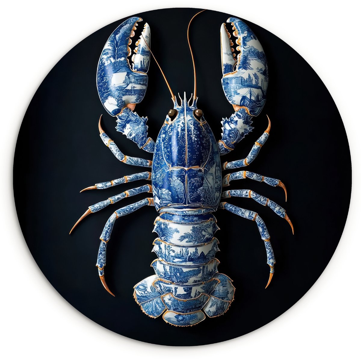 WallCircle Wandcirkel 60x60 cm - Muurcirkel Kreeft - Delftsblauw - Schild - Stoer - Muurdecoratie woonkamer - Wanddecoratie keuken - Kamer decoratie accessoires - Ronde schilderijen