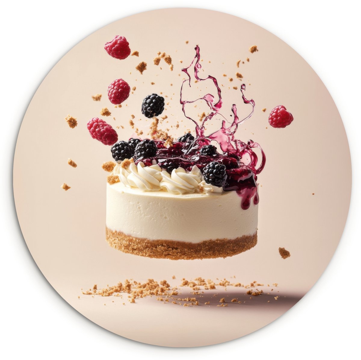 WallCircle Wandcirkel 30x30 cm - Muurcirkel Cheesecake - Eten - Roze - Taart - Muurdecoratie woonkamer - Wanddecoratie slaapkamer - Kamer decoratie accessoires - Ronde schilderijen