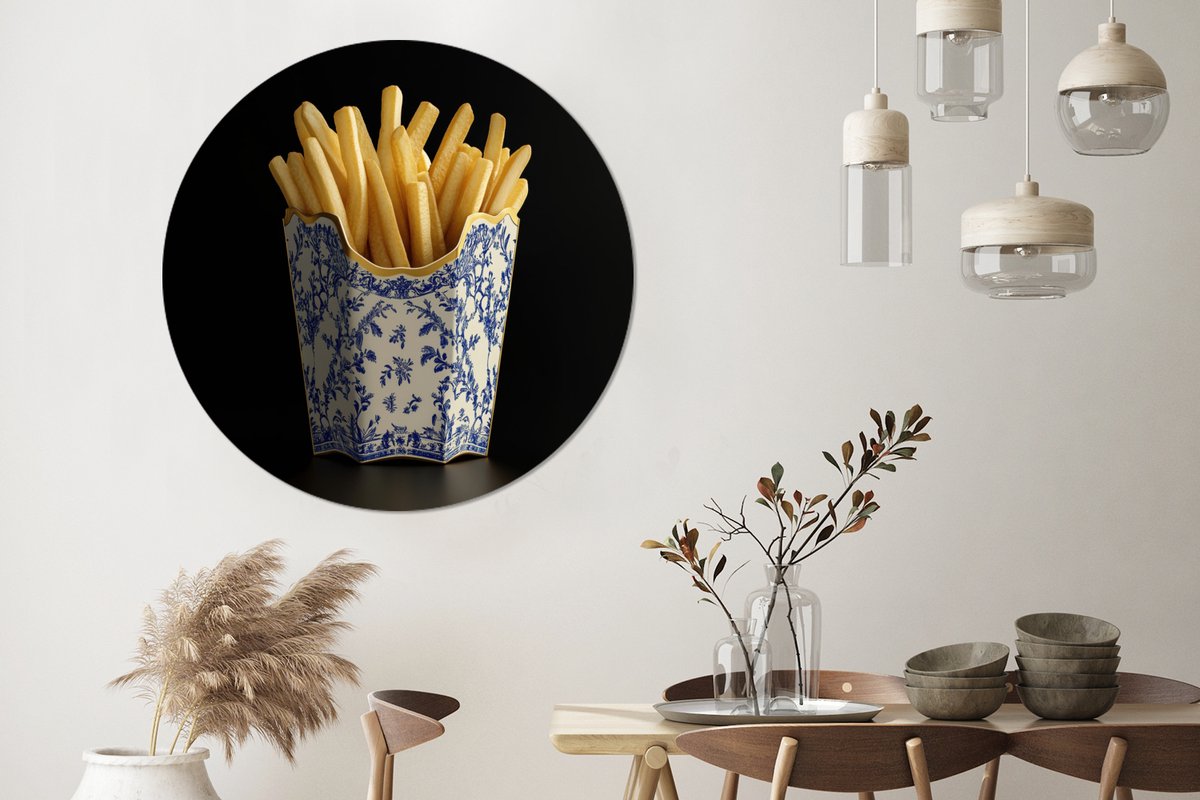 WallCircle Wandcirkel - Muurcirkel - Friet - Porselein - Delfts blauw - Eten - Aluminium - Dibond - 120x120 cm - Binnen en Buiten Friet - Delftsblauw