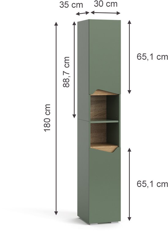 Groene badkamerkast met houten open vakken, met afmetingen van 30 x 35 x 180 cm.