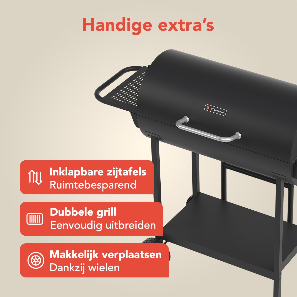 KitchenBrothers 2-in-1 Houtskool BBQ XL - Verstelbare luchtroosters - PFAS Vrij - Dubbele BBQ - Zijtafels - Grillrooster BBQ - Zwart thumbnail 5