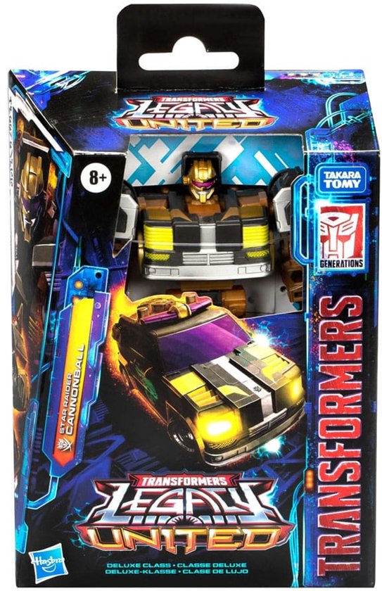 Speelgoedverpakking met een actiefiguur en speelgoedauto. 'Transformers Legacy United Star Raider Cannonball Deluxe Class' staat erop.