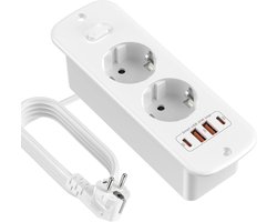 StayPowered Inbouw Stopcontact met USB - Ruimtebesparend en Multifunctioneel - 6-in-1 Stopcontact - 4 USB Poorten - 2m Verlengkabel - Veilige Aarding - Eenvoudige Installatie - Touch-Bescherming - Wit - Levering Sneller dan Aangegeven!