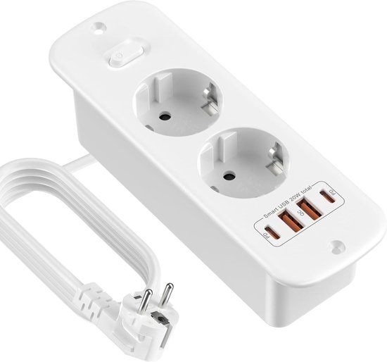 StayPowered Inbouw Stopcontact met USB - Ruimtebesparend en Multifunctioneel - 6-in-1 Stopcontact - 4 USB Poorten - 2m Verlengkabel - Veilige Aarding - Eenvoudige Installatie - Touch-Bescherming - Wit - Levering Sneller dan Aangegeven!