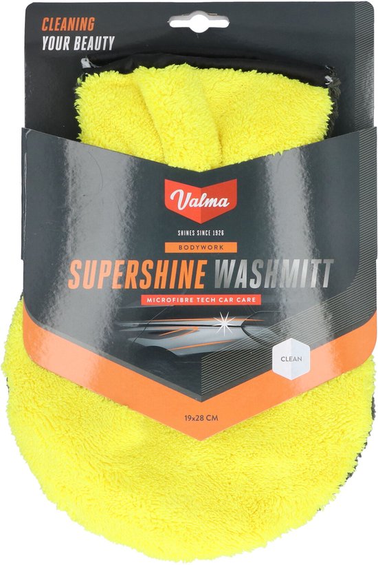 Emballage avec un gant de lavage en microfibre jaune, texte "Valma" et "SUPERSSHINE WASHMITT".