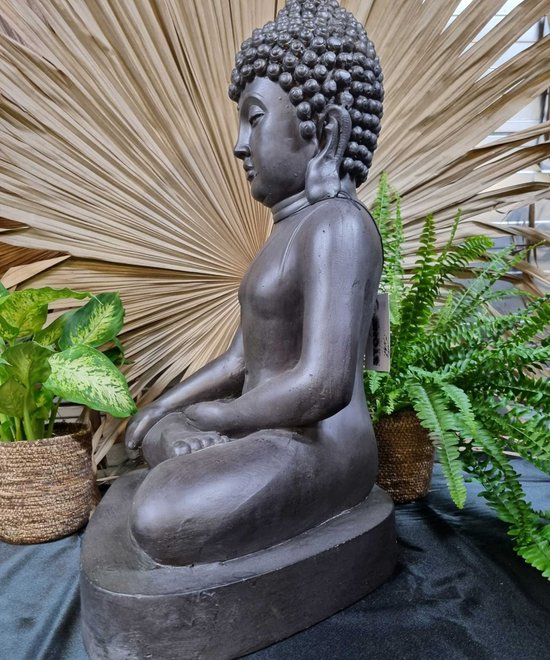 Zwart Boeddhabeeld in meditatiehouding, zittend op een sokkel met planten op de achtergrond.