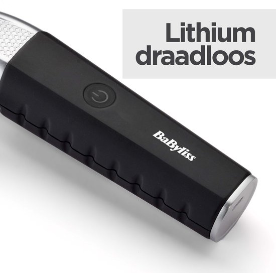 Zwarte BaByliss tondeuse met zilveren accenten en aan/uit knop. Tekst: Lithium draadloos.