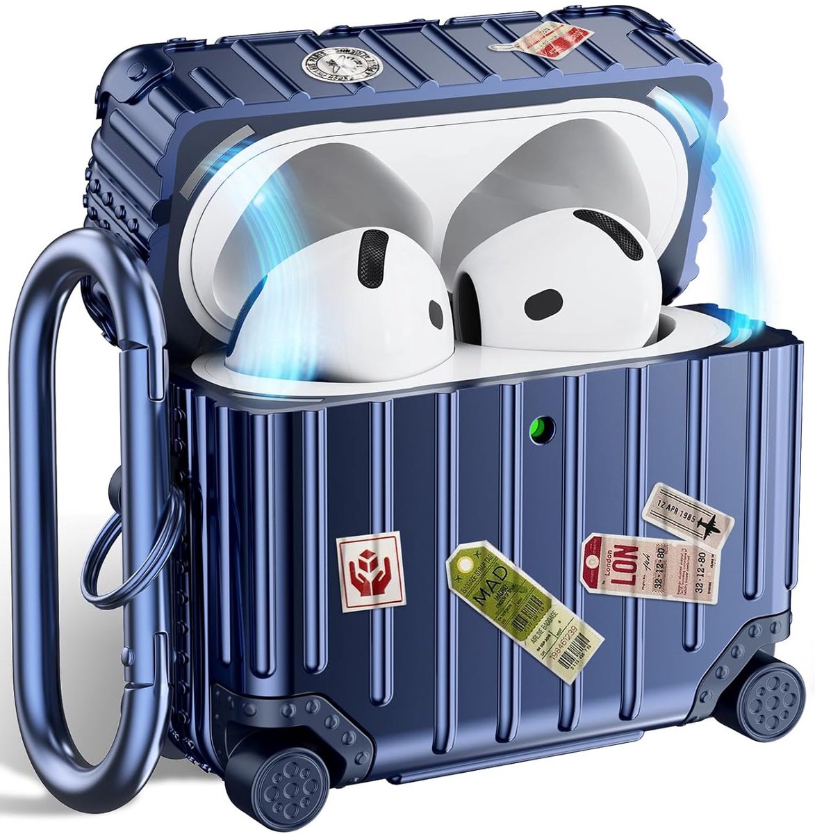 Casemania Koffer Hoesje Geschikt voor Apple AirPods 4 - Blauw - Schokbestendig Suit Case Cover - Inclusief DIY Stickers & Karabijnhaak