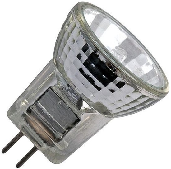 Heldere glazen GU4 halogeenlamp met twee metalen pinnetjes.