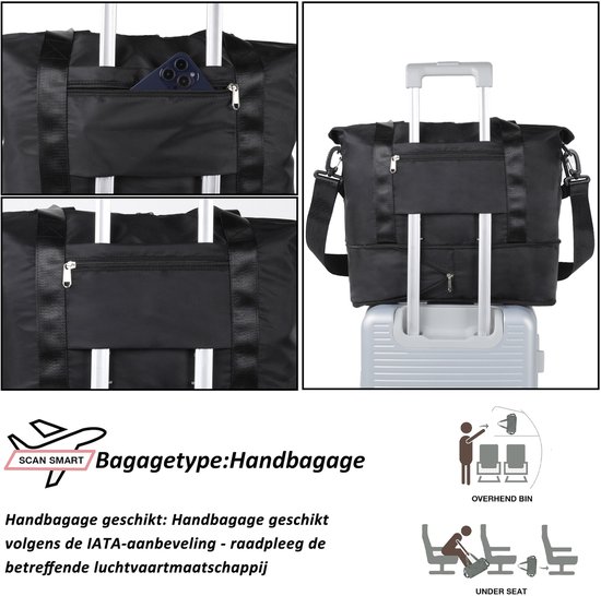 Sac de voyage TAN.TOMI - Sac de sport pour femme et homme - 42x23x40 cm - Avec housse Smart pour valise - Sac de Bagage à main - Sac de sport pliable et étanche - Zwart