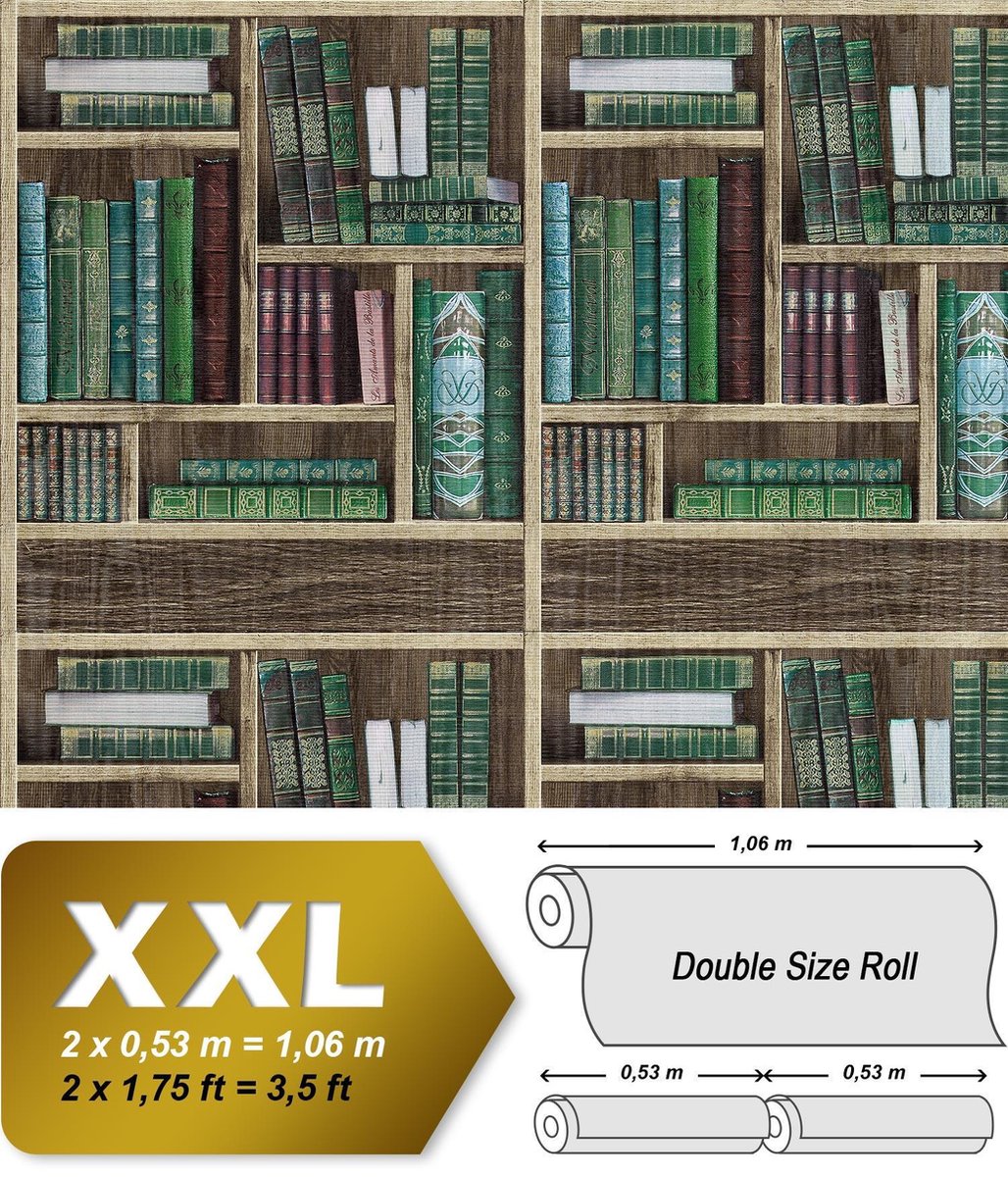 Grafisch behang EDEM 81155BR28 vliesbehang hardvinyl warmdruk in reliëf gestempeld met boeken mat bruin smaragdgroen wijnrood grijsblauw 10,65 m2