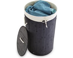 wasmand bamboe - 70 l - opvouwbaar - met deksel en katoenen waszak - Ø 41 cm - zwart