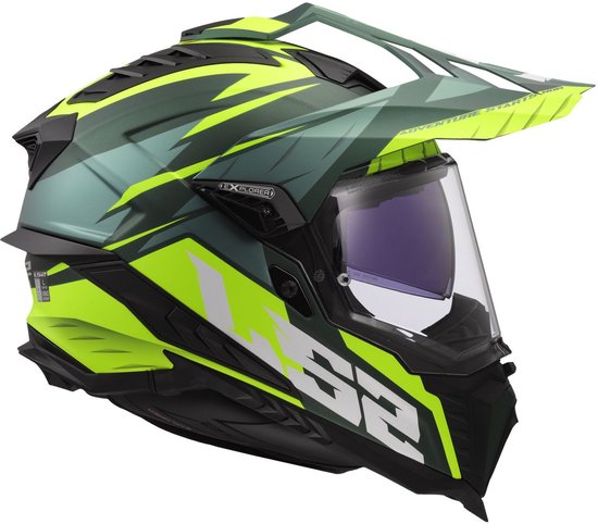 Vue latérale d'un casque de moto LS2 Explorer vert avec des rayures jaunes et une visière.