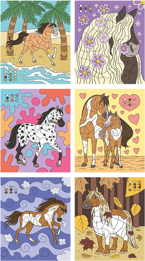 Zes afbeeldingen van paarden en pony's, waaronder een aan het strand en een met bloemen in de manen.