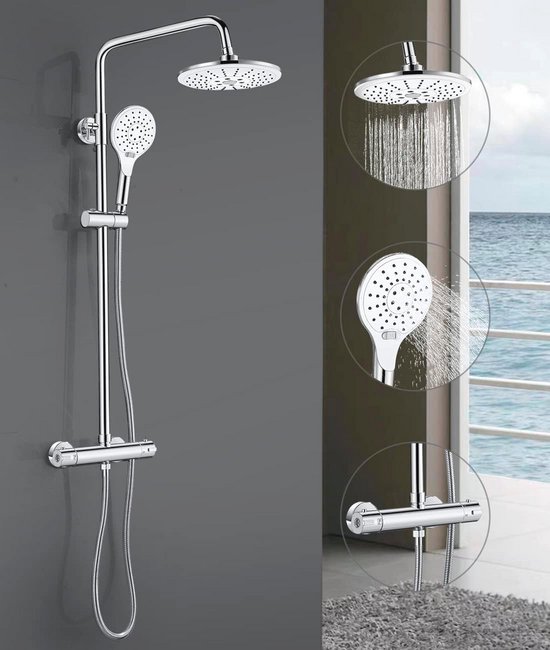Colonne de douche thermostatique ronde avec douchette réglable et 3 types de jets