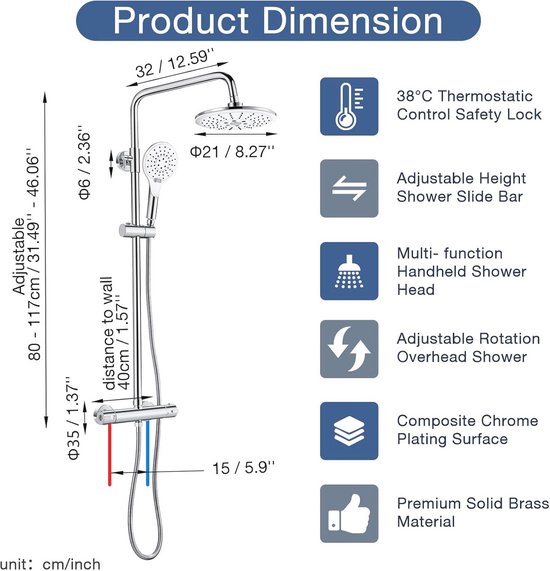 Colonne de douche thermostatique ronde avec douchette réglable et 3 types de jets