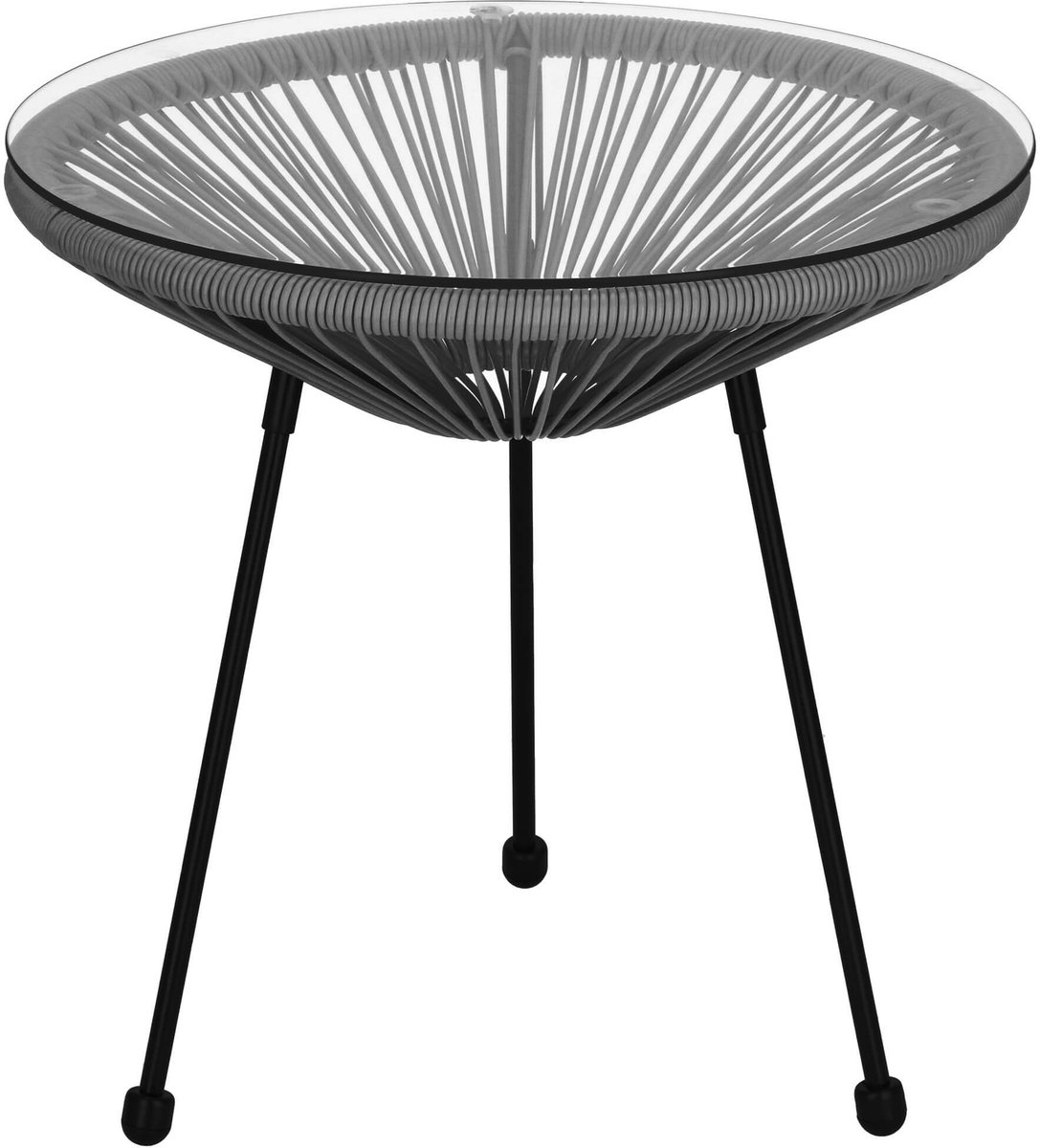 Springos Tuintafel - Draad - Rotan - Zwart - Grijs - Rond - Glas - 50 Cm
