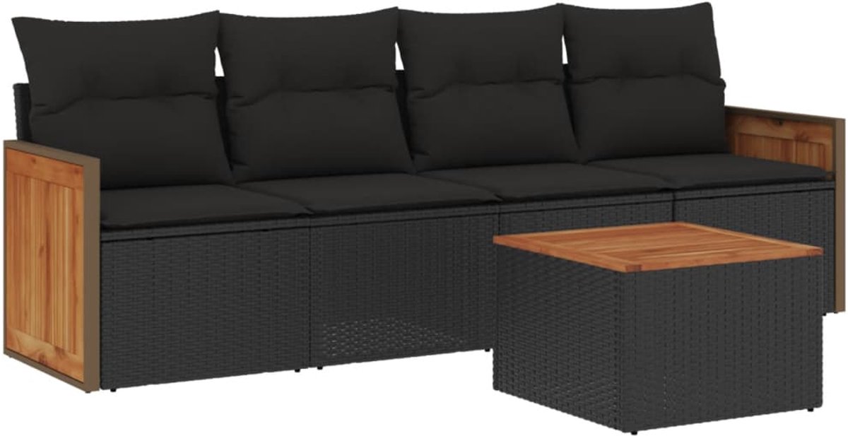 The Living Store 5-delige Loungeset met kussens poly rattan zwart - Loungeset - Tuinmeubels - Lounge Set - Pe Rattan - Outdoor Furniture