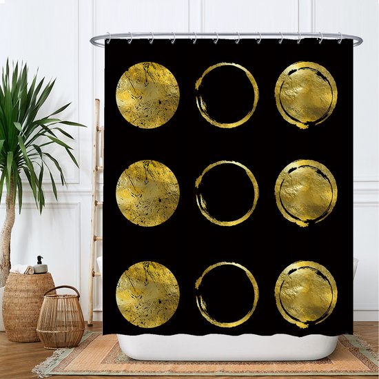Ulticool Douchegordijn - Gouden Cirkels Zon Maan Chique - 180 x 200 cm - met 12 ringen - Anti Schimmel - Waterdicht & Wasbaar - Semi Transparant - Goud Zwart