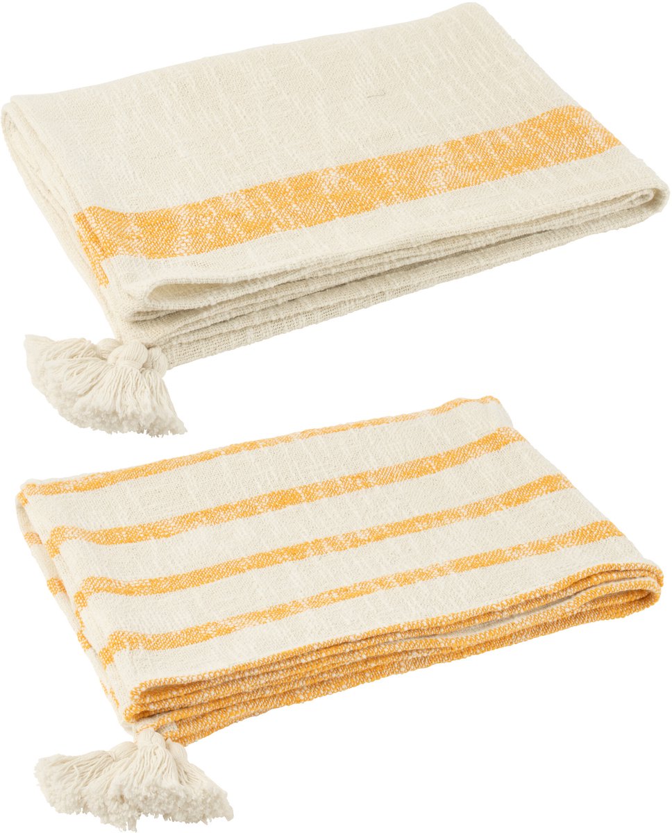 J-Line plaid Strepen + Kwasten - katoen - wit/oranje - 2 stuks