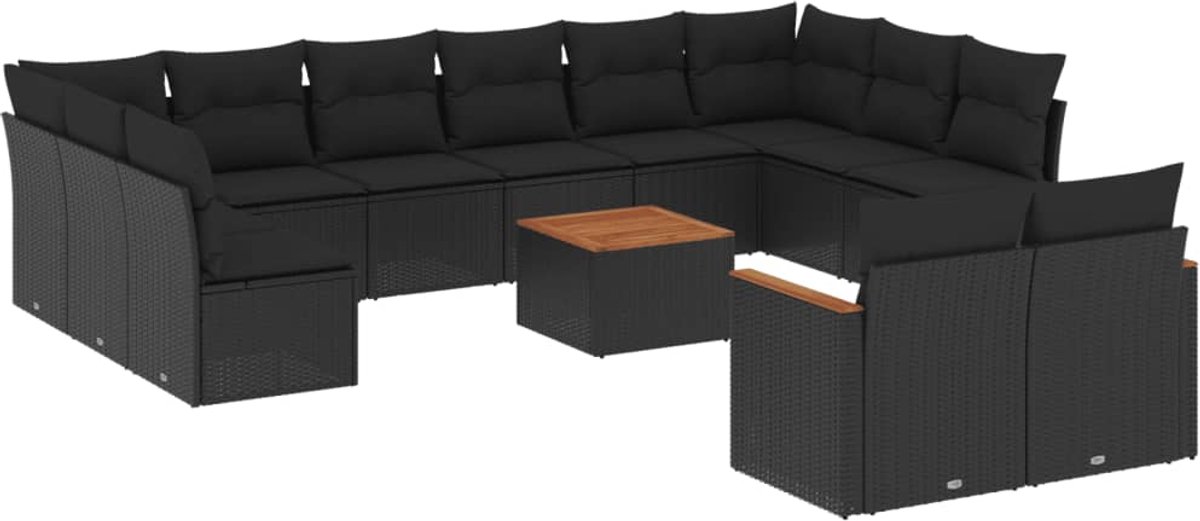 The Living Store 13-delige Loungeset met kussens poly rattan zwart - Loungeset - Tuinmeubels - Lounge Set - Outdoor Furniture - Teak