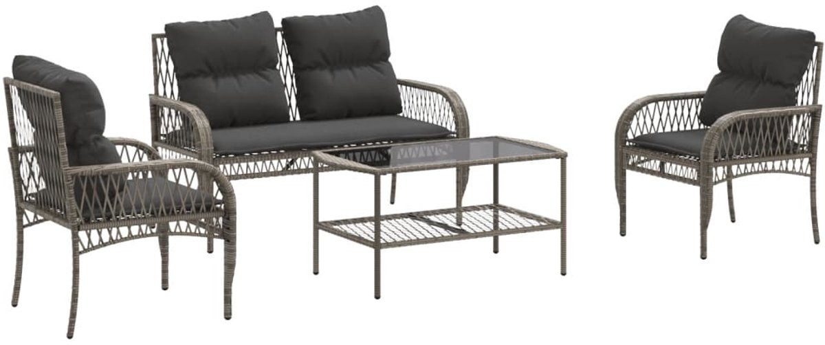 Loungeset poly rattan grijs met kussens voor buiten - Tuinmeubels