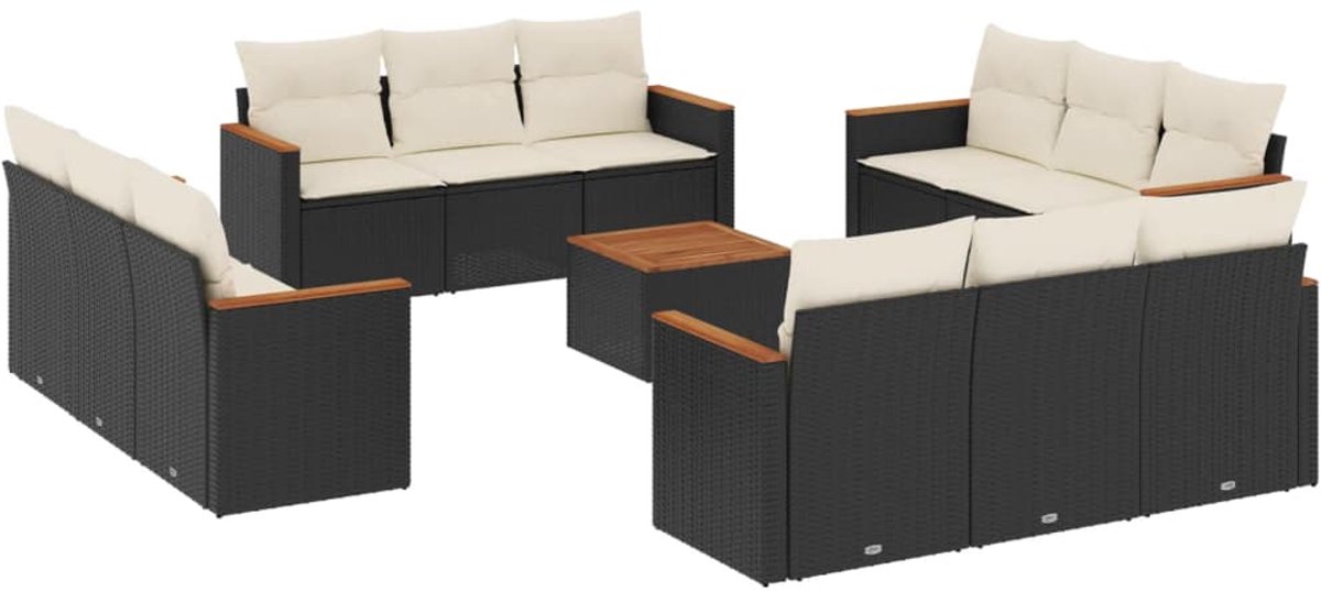 Zwarte poly rattan loungeset met kussens voor buiten - The Living Store.