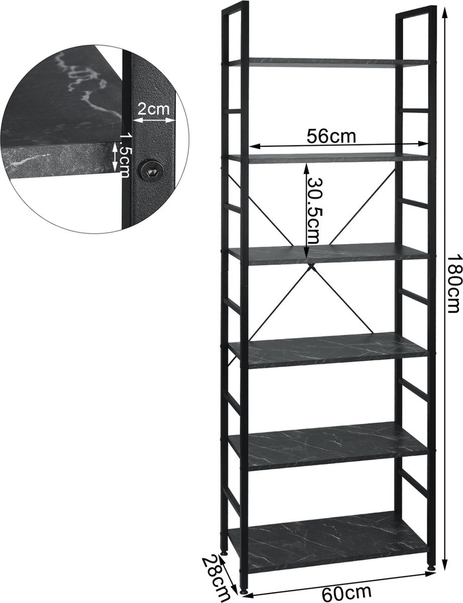 Bolt Edge Boekenkast - Industrieel - 6 lagen - Bruin/Zwart - Hout/metaal - 60x28x180cm