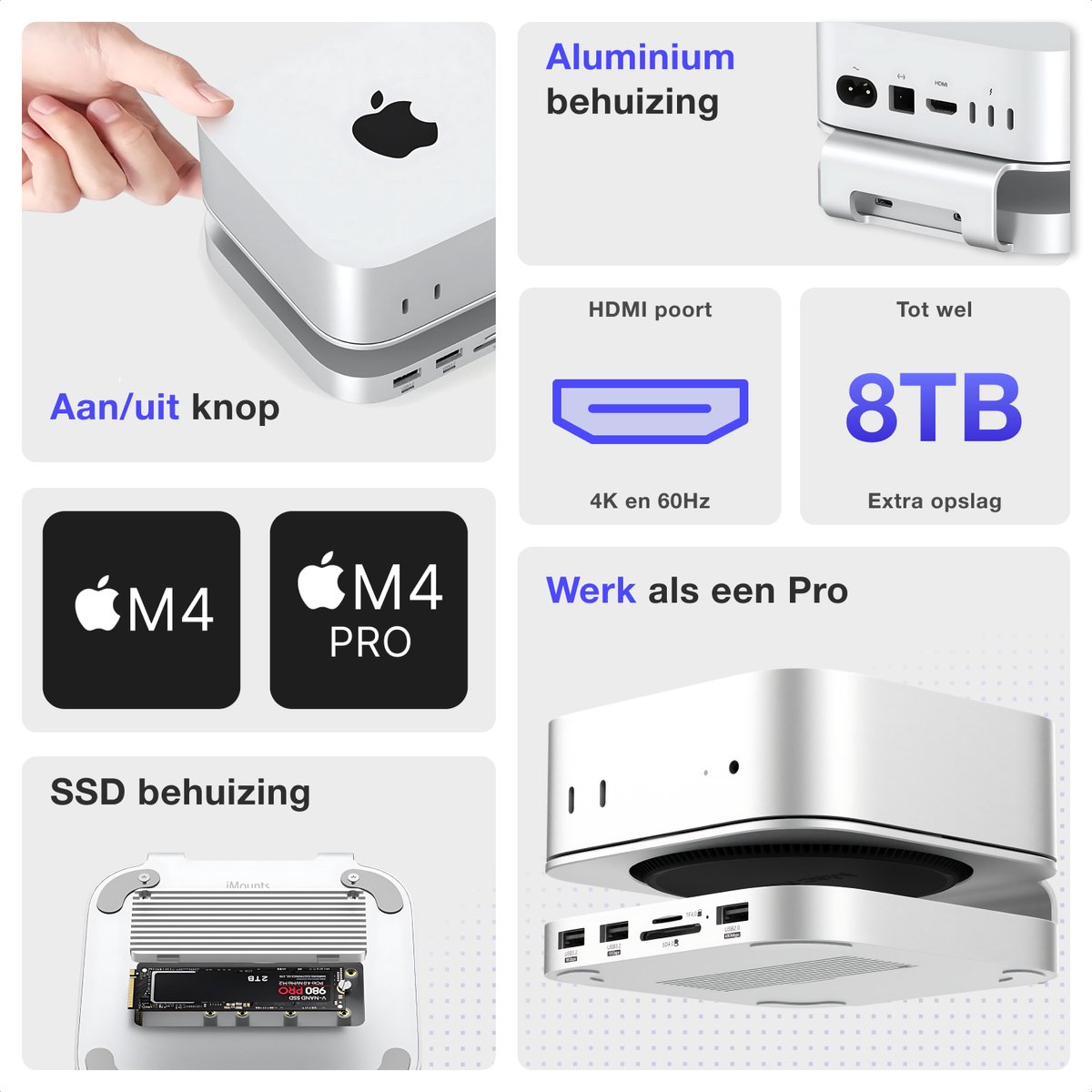 PULWTOP Mac Mini M4 Dock With 4TB M.2 SSD Enclosure, 8-in-1 Aluminum Vertical USB-C Hub For Mac Mini M4 Pro Hub Stand With USB-A/C 3.2 10Gbps, 2xUSB-A 2.0, 3.5mm Audio, SD/TF Slots