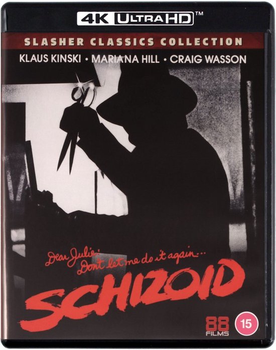 Silhouet van een man in een hoed die een schaar vasthoudt. De titel 'SCHIZOID' is prominent aanwezig. 4K ULTRA HD.