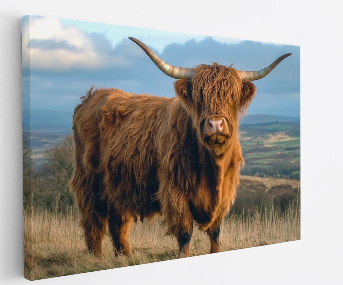 Saammp Canvas Schilderij Schotse Hooglander Koe tussen de mist - Dieren - Natuur - 50x40 - Foto op canvas - Wanddecoratie - muurdecoratie Woonkamer - Slaapkamer decoratie - Canvas Print Multicolor