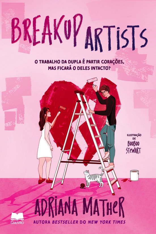 Couverture de livre intitulée 'Breakup Artists' en lettres violettes. Une fille et un garçon peignent un grand cœur rouge sur un mur rose.