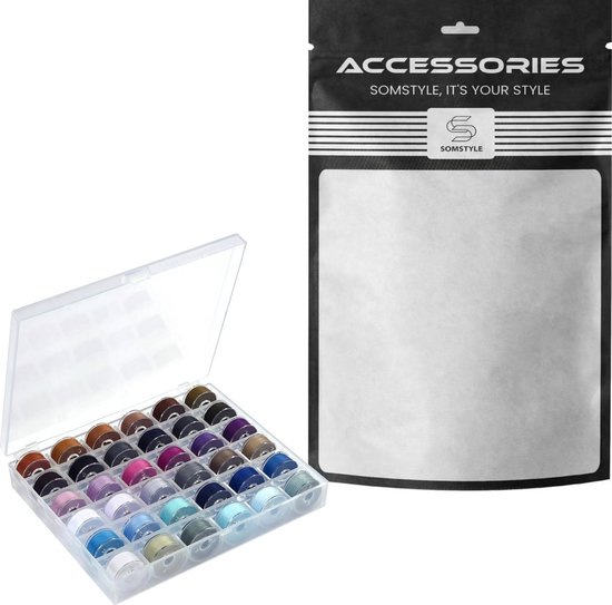 Een transparante opbergdoos met 36 spoelen garen in diverse kleuren, naast een zwarte verpakking van 'ACCESSORIES SOMSTYLE'.