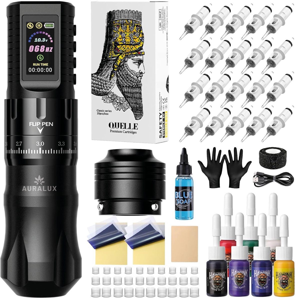 AuraLux Tattoo Machine Draadloos Incl. Inkt en Naalden - Tattoo Machine - Pen - Complete Set - Tattoo Machines - tattoo machine beginner set - Tattoo Pen - Cartridges - Tattoo Naalden - Tattoo Inkt - Tattoo Kit