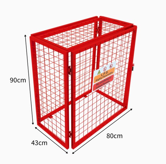 Gasflessenkooi 90cm x 80cm x 43cm Opvouwbaar Rood Gaas Veilige Afsluitbare Opslag Poedergecoat Gegalvaniseerd Staal 3mm Draaddikte 2 x 19kg Gasflessen GRATIS Waarschuwingsbord Hangslots & Sleutels van Fineway — afbeelding 2