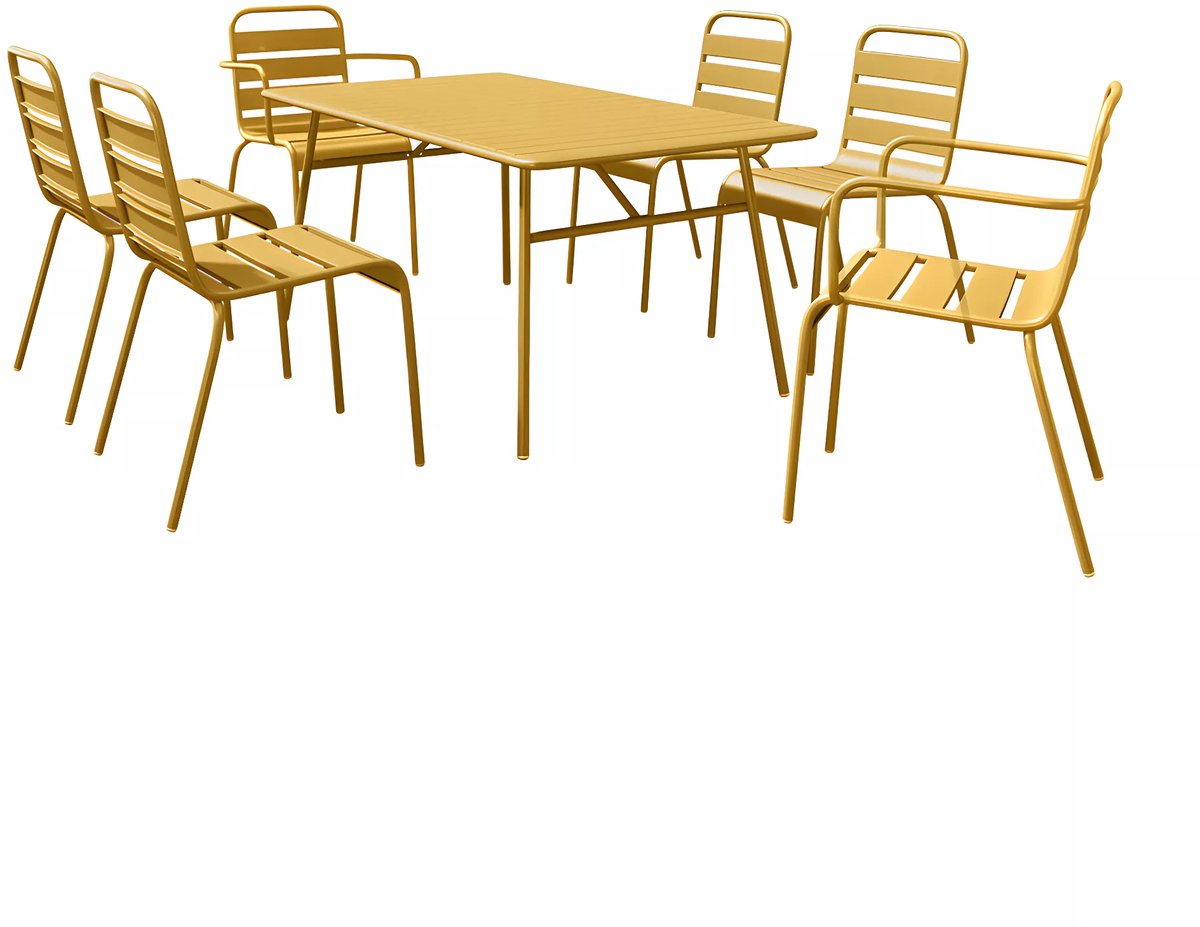 Tuinset met mosterdgele metalen tafel, 2 fauteuils en 4 stoelen.