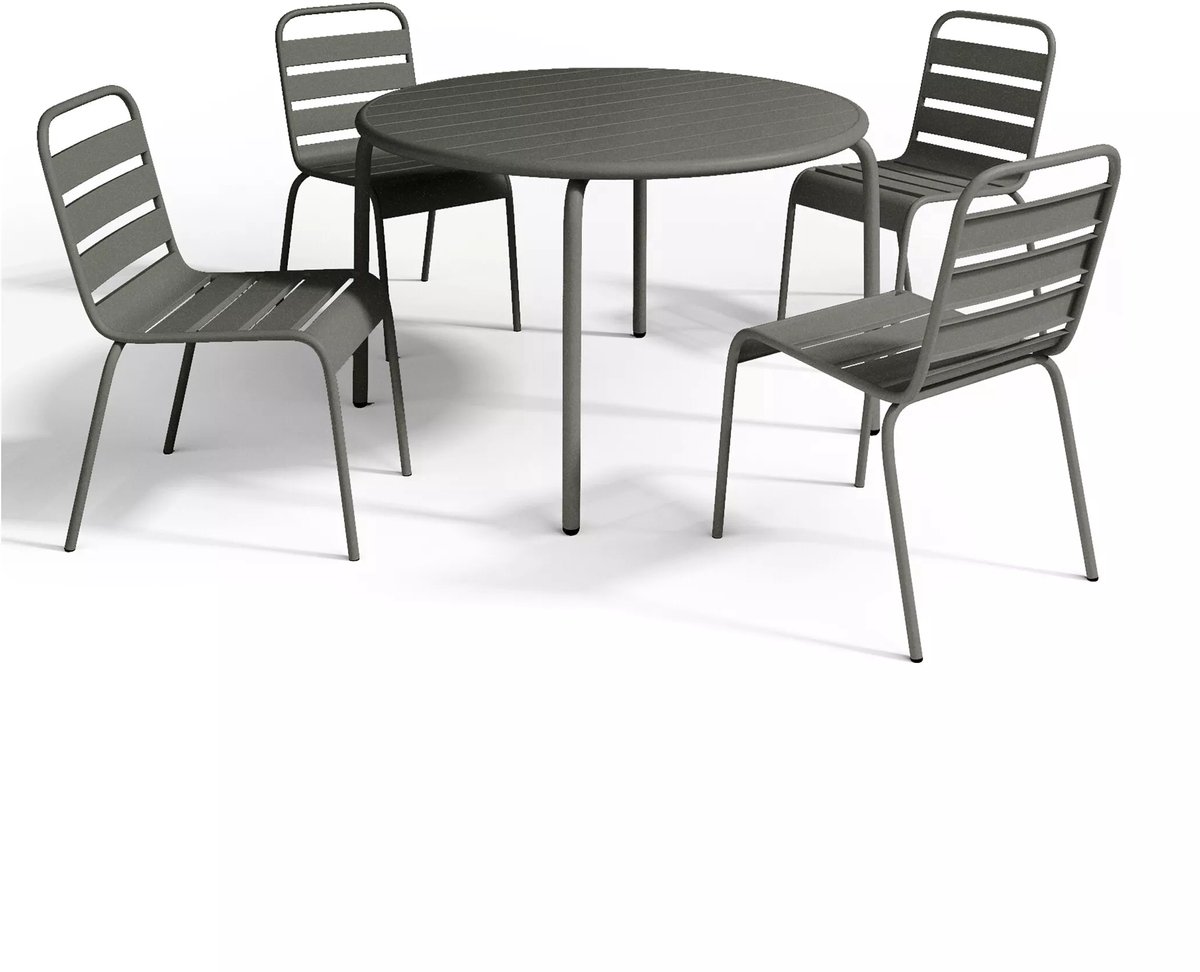 Vente-unique Tuineethoek van metaal - Een tafel D110 cm en 4 opstapelbare stoelen - Donkergrijs - MIRMANDE L 110 cm x H 79 cm x D 110 cm
