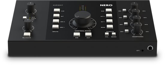 Zwarte Audient NERO monitor controller met grote centrale draaiknop, diverse knoppen en VU-meters.